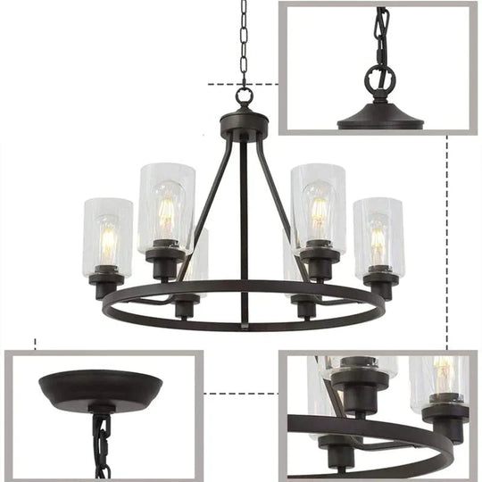 Round Six Heads Wrought Iron Chandelier Bar Restaurant Glass Lamps Pendant