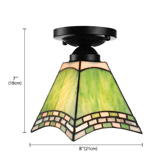 Tiffany - Style Art Glass Ceiling Light - 1 Green Flush Mount Fixture For Offices And Corridors