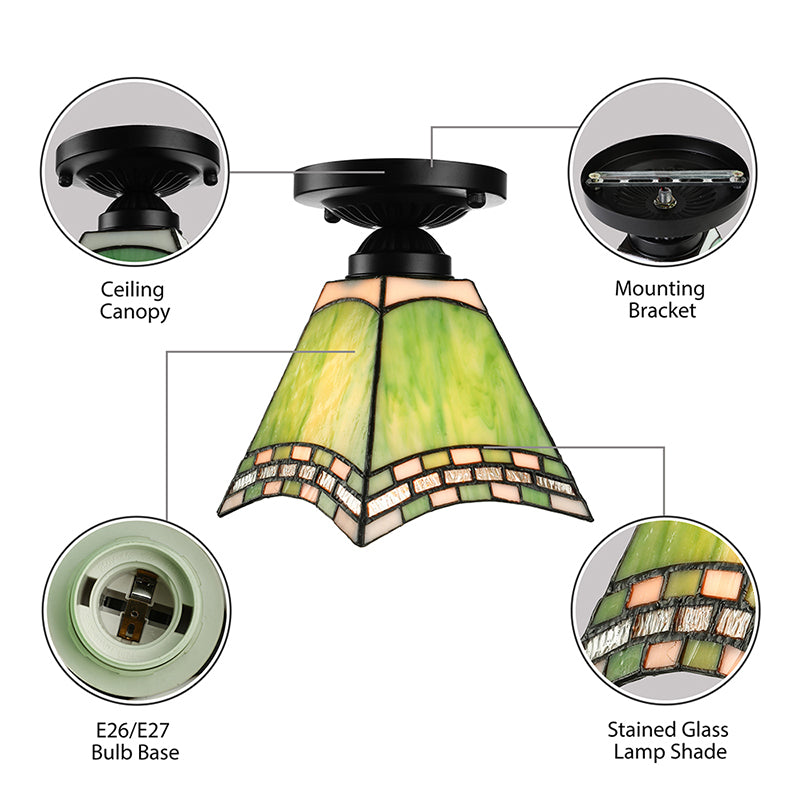 Tiffany - Style Art Glass Ceiling Light - 1 Green Flush Mount Fixture For Offices And Corridors