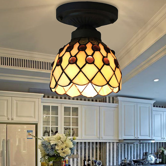 Retro - Style Cup Shade Semi Flush Mount Ceiling Light - Purple/Beige Glass Fixture With Jewel