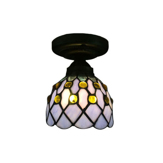 Retro - Style Cup Shade Semi Flush Mount Ceiling Light - Purple/Beige Glass Fixture With Jewel