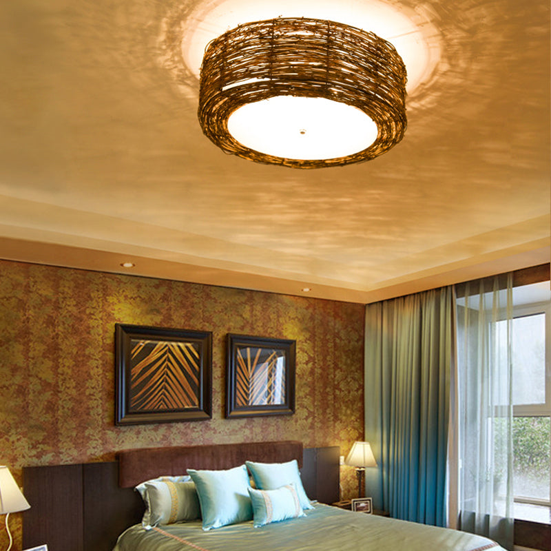 Modern 3 - Light Rattan Flush Mount Ceiling Lamp - Hand - Woven Round Shade In Brown 16’/19.5’