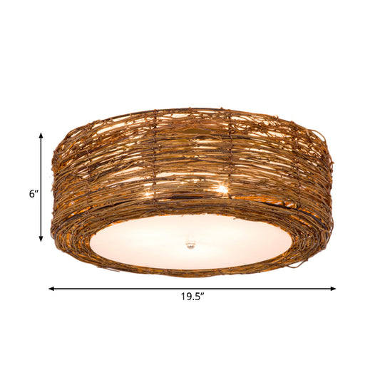 Modern 3 - Light Rattan Flush Mount Ceiling Lamp - Hand - Woven Round Shade In Brown 16’/19.5’
