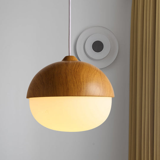 Alwaid - Japanese Style Glass &amp; Wood Pendant Light 1 Nut Shaped Hanging / A