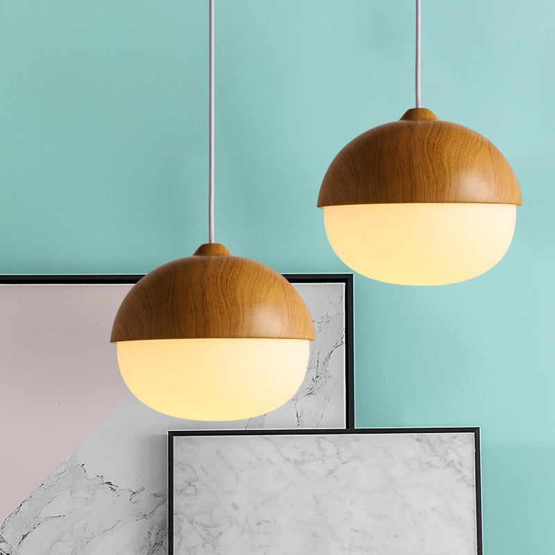 Alwaid - Japanese Style Glass &amp; Wood Pendant Light 1 Nut Shaped Hanging