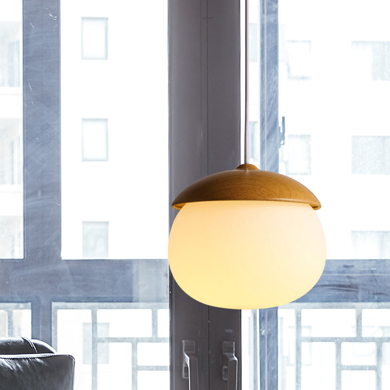 Alwaid - Japanese Style Glass &amp; Wood Pendant Light 1 Nut Shaped Hanging