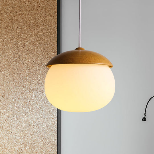 Alwaid - Japanese Style Glass &amp; Wood Pendant Light 1 Nut Shaped Hanging