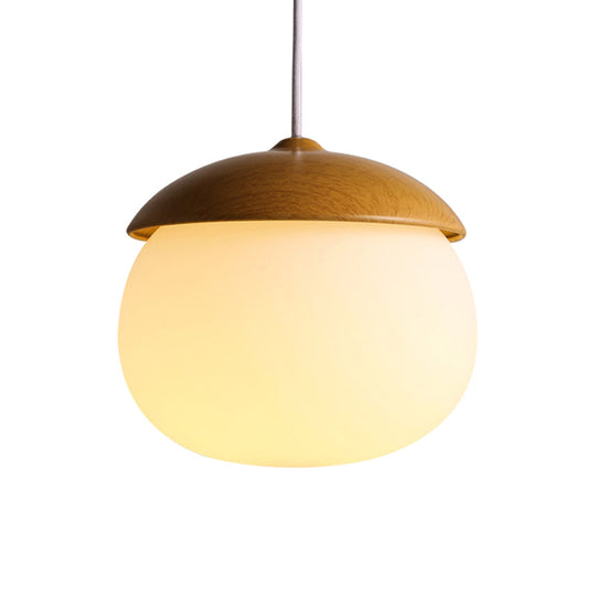 Alwaid - Japanese Style Glass &amp; Wood Pendant Light 1 Nut Shaped Hanging