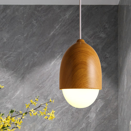 Alwaid - Japanese Style Glass &amp; Wood Pendant Light 1 Nut Shaped Hanging