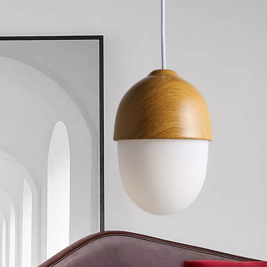 Alwaid - Japanese Style Glass &amp; Wood Pendant Light 1 Nut Shaped Hanging