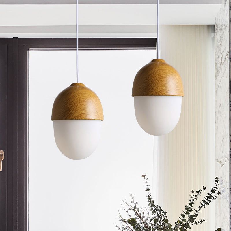 Alwaid - Japanese Style Glass &amp; Wood Pendant Light 1 Nut Shaped Hanging
