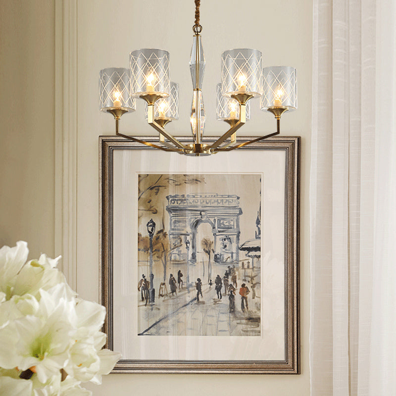 Emanuela - Elegant Grid Cylinder Shade Chandelier Style Metallic Ceiling Pendant In Gold For Study