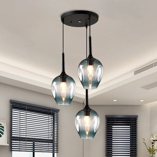 Riley - Black Tulip Cluster Lighting Modernist 3 Lights Amber/Smoke/Blue Glass Hanging Ceiling Lamp