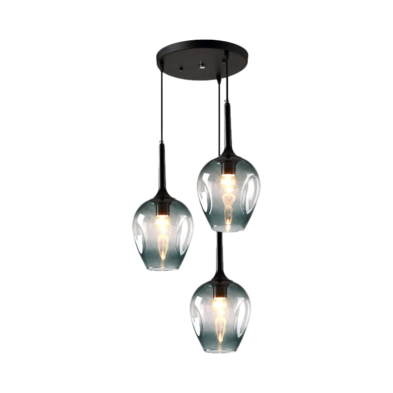Riley - Black Tulip Cluster Lighting Modernist 3 Lights Amber/Smoke/Blue Glass Hanging Ceiling Lamp
