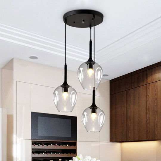 Riley - Black Tulip Cluster Lighting Modernist 3 Lights Amber/Smoke/Blue Glass Hanging Ceiling Lamp