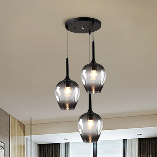 Riley - Black Tulip Cluster Lighting Modernist 3 Lights Amber/Smoke/Blue Glass Hanging Ceiling Lamp