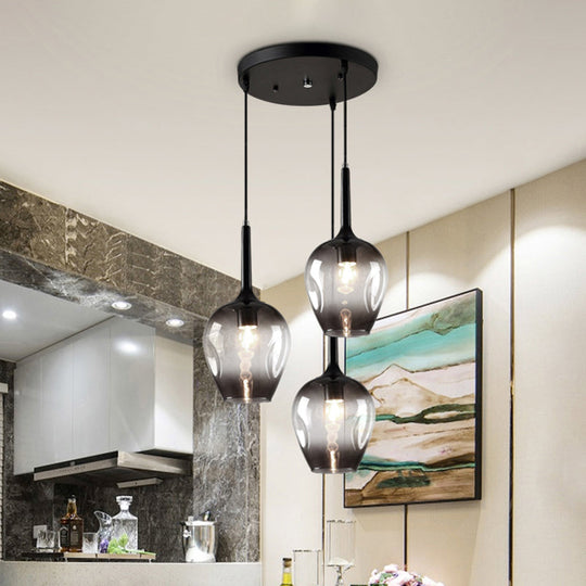 Riley - Black Tulip Cluster Lighting Modernist 3 Lights Amber/Smoke/Blue Glass Hanging Ceiling Lamp