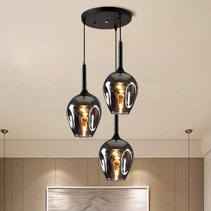 Riley - Black Tulip Cluster Lighting Modernist 3 Lights Amber/Smoke/Blue Glass Hanging Ceiling Lamp