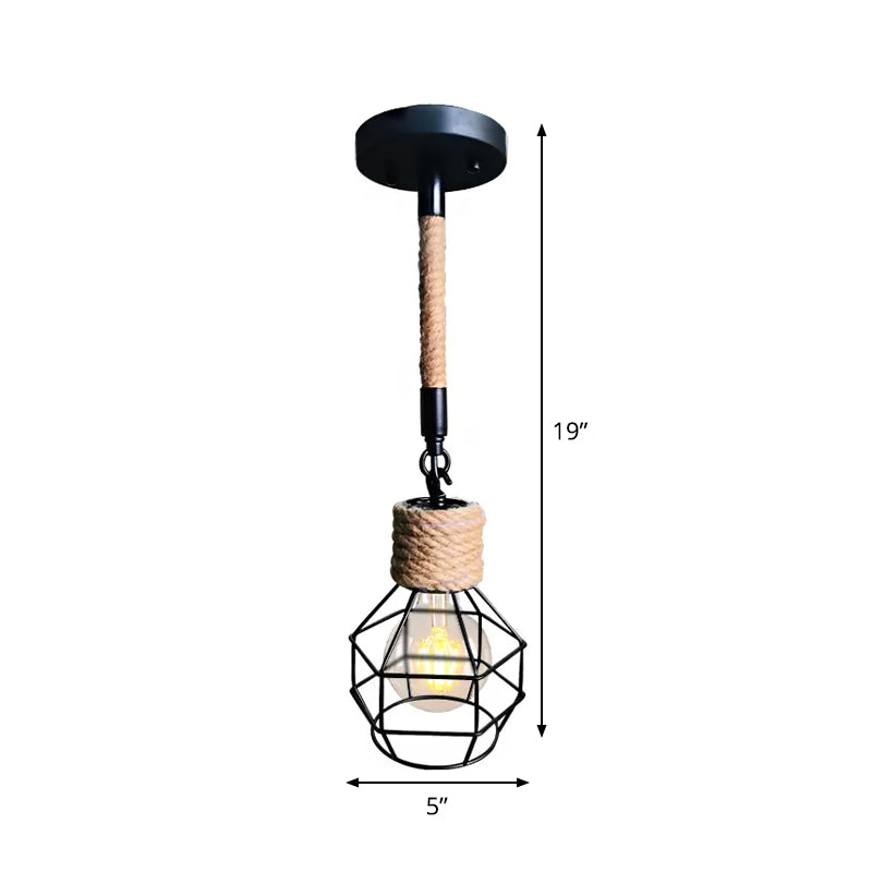 Rustic Wire Cage Adjustable Drop Pendant In Black - Brown Ceiling Hang Light With Rope Accent
