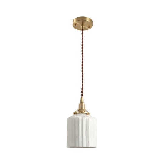 Alice - Rustic Ribbed Capsule Pendant Light In White And Brass