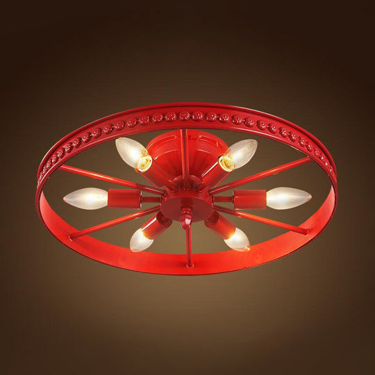 Farmhouse - Style 6 - Head Semi Flush Ceiling Light - Metallic Wheel Shade Lamp In Black/Bronze For