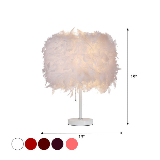 Avery - Romantic White/Red/Pink Cylindrical Table Lamp Modern 1 Bulb Feather Pull - Chain