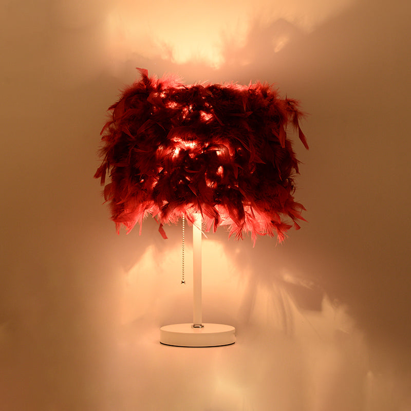 Avery - Romantic White/Red/Pink Cylindrical Table Lamp Modern 1 Bulb Feather Pull - Chain