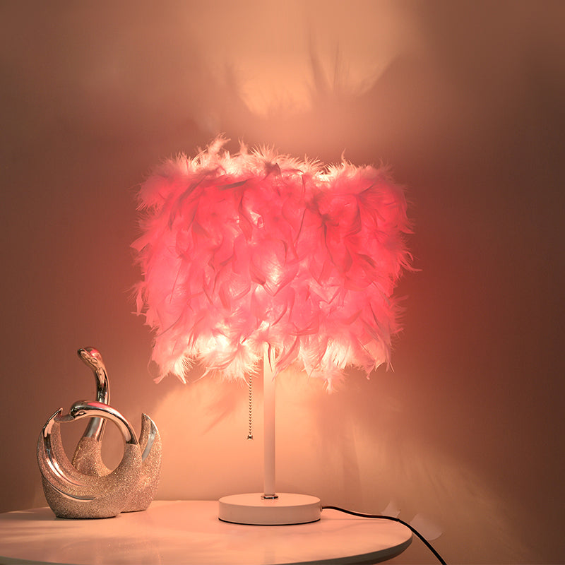Avery - Romantic White/Red/Pink Cylindrical Table Lamp Modern 1 Bulb Feather Pull - Chain