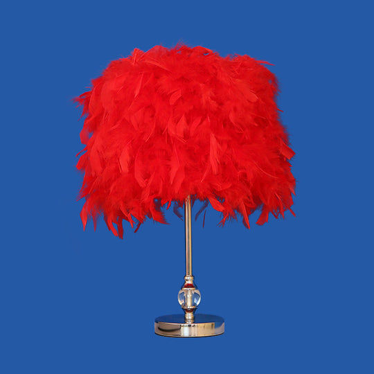 Lara - Simplicity Drum Night Lamp Feather 1 - Light Bedroom Table Lighting In Pink/Red/Yellow With