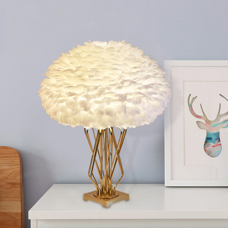 Rasalas - Feather Half - Globe Table Lamp Post - Modern Single White And Brass Night Light With