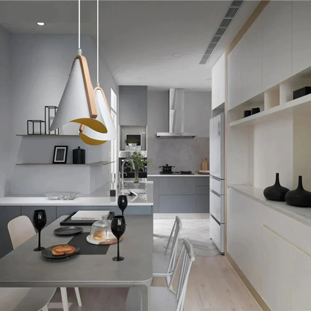 Nordic Pendant Light Wood Grain Modern Minimalist Creative Wrought White Iron Lampshade Lighting