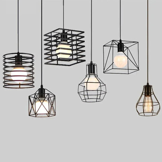 Retro Industrial Geometric Black Led Iron Pendant Lights Indoor Lighting Corridor Restaurant