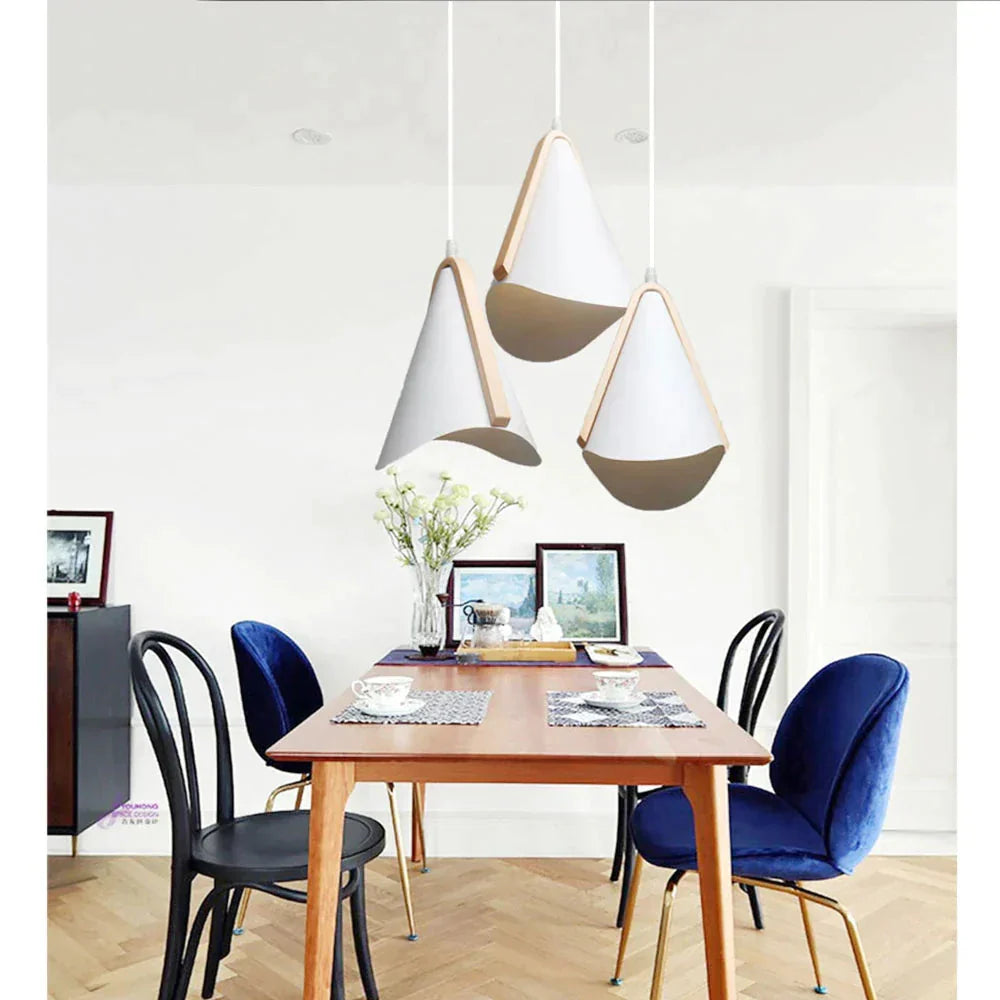 Nordic Pendant Light Wood Grain Modern Minimalist Creative Wrought White Iron Lampshade Lighting