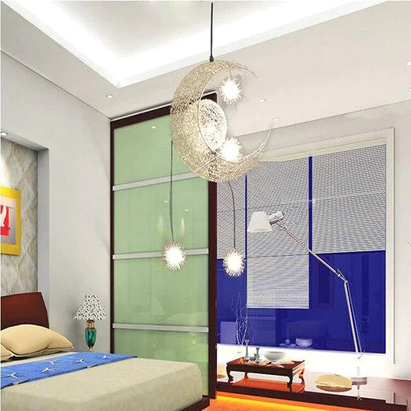 Novelty Led Modern Pendant Lamp Moon Star Wicker Nest Balcony Droplight With 5*G4 Bulb For Kid