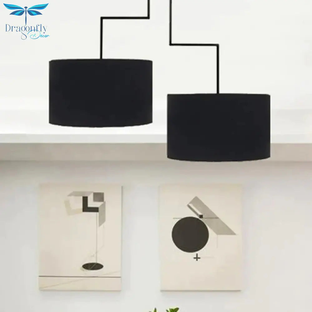 2 Bulbs Drum Chandelier Light Traditional Black/White Fabric Hanging Ceiling Fixture For Dining