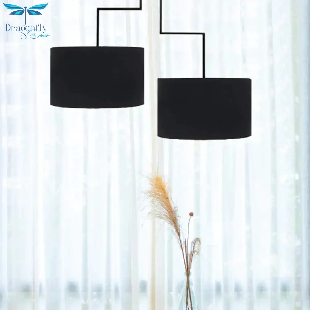 2 Bulbs Drum Chandelier Light Traditional Black/White Fabric Hanging Ceiling Fixture For Dining