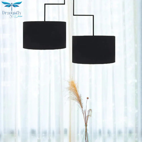 2 Bulbs Drum Chandelier Light Traditional Black/White Fabric Hanging Ceiling Fixture For Dining