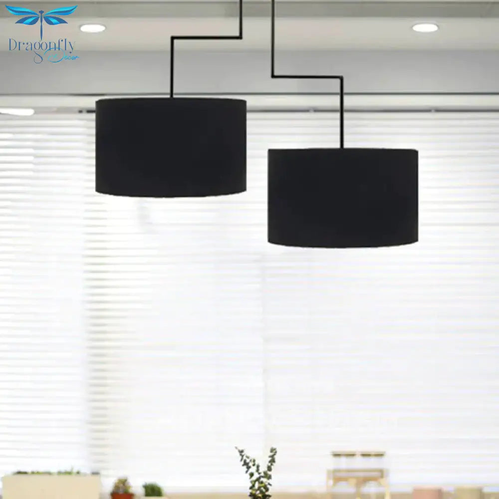 2 Bulbs Drum Chandelier Light Traditional Black/White Fabric Hanging Ceiling Fixture For Dining