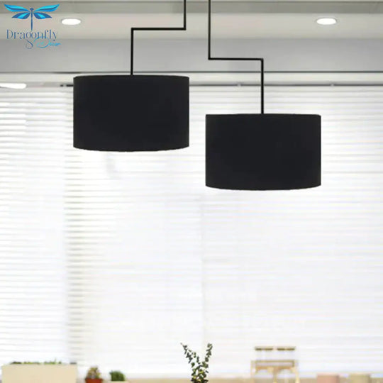 2 Bulbs Drum Chandelier Light Traditional Black/White Fabric Hanging Ceiling Fixture For Dining