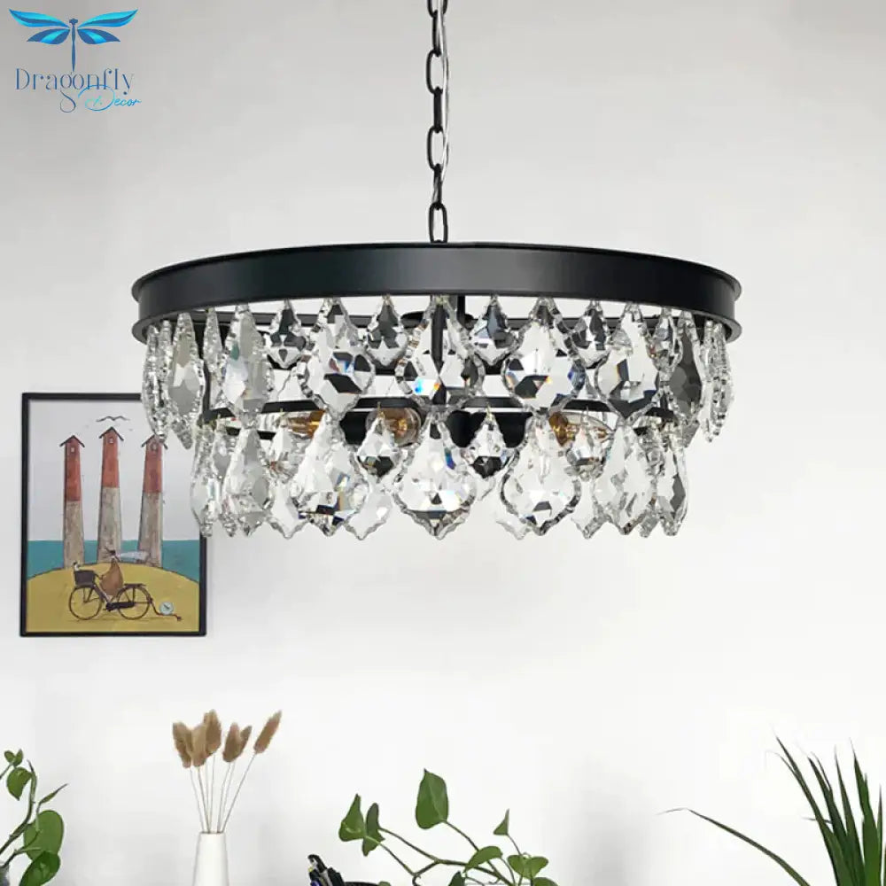 2 - Layer 3 Heads Black Hanging Lamp With Crystals For Dining Room