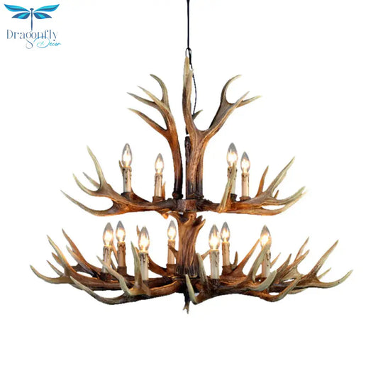 2 - Tier Hanging Lamp Rustic Resin 12/15 Bulbs Brown Chandelier Pendant Light For Kitchen Island