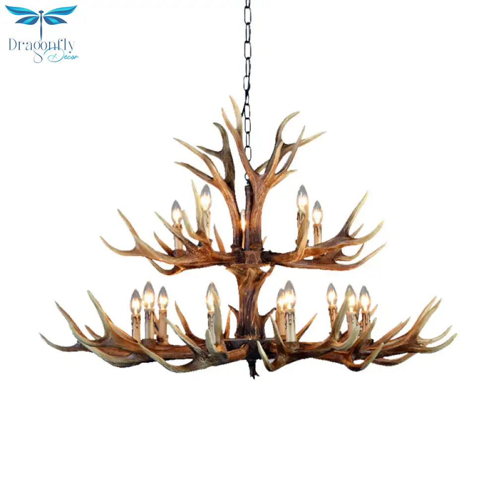 2 - Tier Hanging Lamp Rustic Resin 12/15 Bulbs Brown Chandelier Pendant Light For Kitchen Island