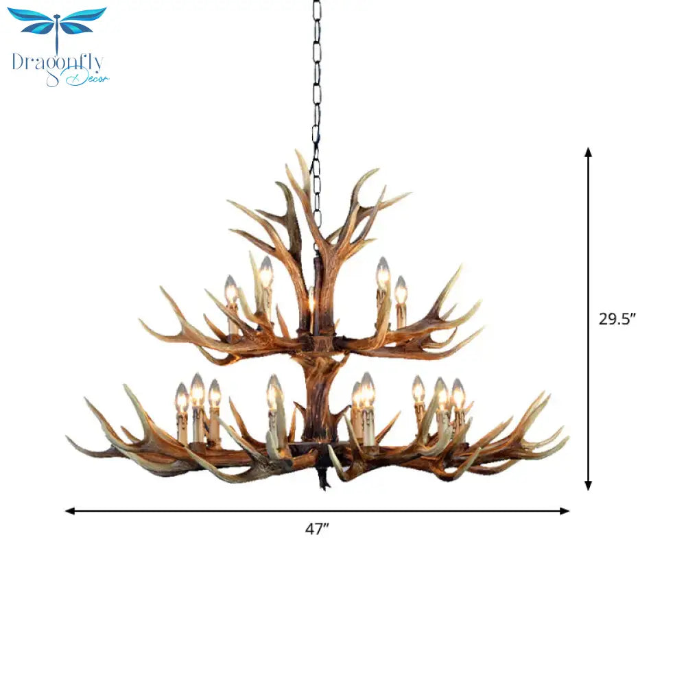 2 - Tier Hanging Lamp Rustic Resin 12/15 Bulbs Brown Chandelier Pendant Light For Kitchen Island