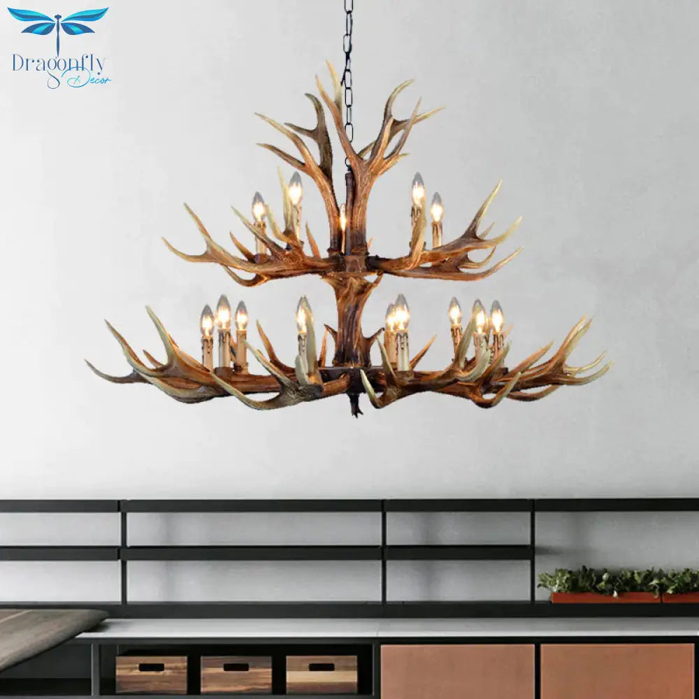 2 - Tier Hanging Lamp Rustic Resin 12/15 Bulbs Brown Chandelier Pendant Light For Kitchen Island