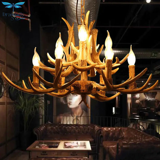 2 - Tier Living Room Hanging Lamp Traditional Resin 9 Bulbs Brown Chandelier Pendant Light
