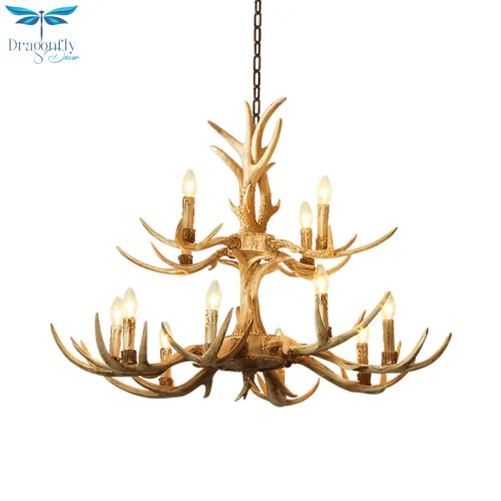 2 - Tier Resin 12 Heads Chandelier Hanging Ceiling Lamp In Brown For Living Room