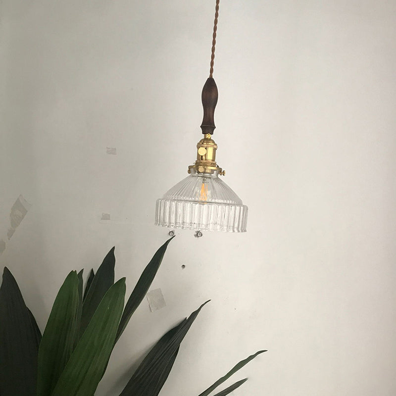 Rachele - Rustic Barn Shade Pendant Lamp 1 - Light Clear Ribbed Glass Ceiling Suspension Light Black