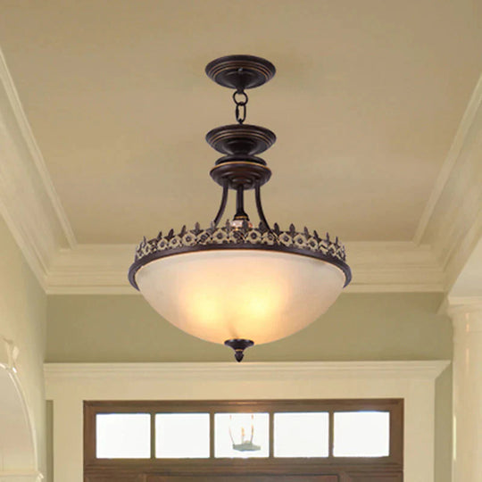 Vintage Bowl Frosted Glass Hanging Light In Black 3 Bulbs Chandelier Pendant