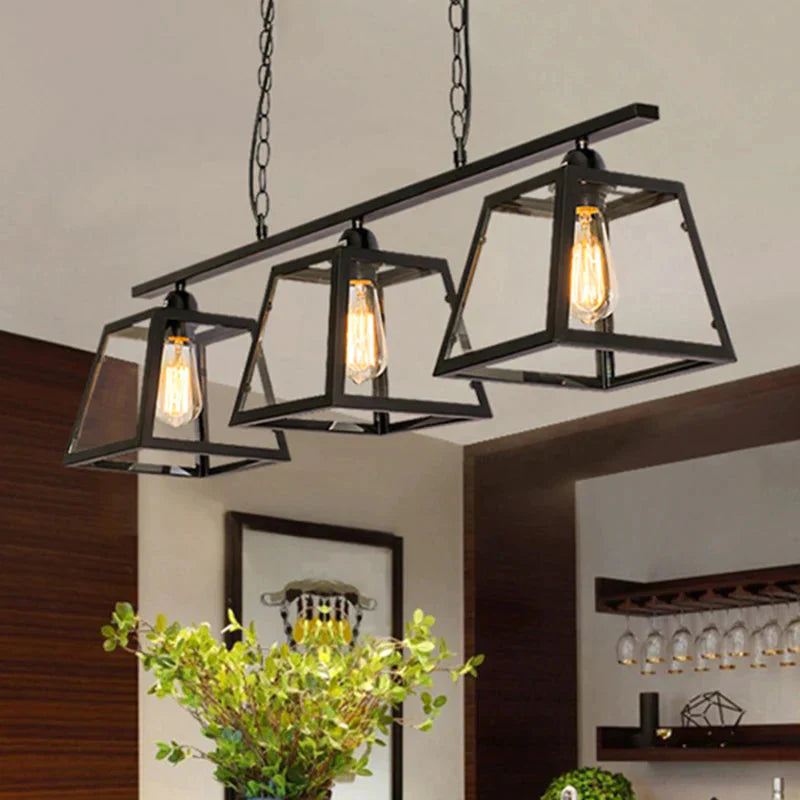 Industrial Style 3-Light Island Light Fixture With Clear Glass Pendant Chain