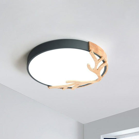 Sleek Metal Circle LED Flush Mount Ceiling Light - Ultra-Thin Design with Wooden Antler Accent, Various Sizes &amp; Colors - Dragonfly Decor
